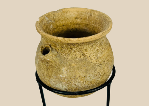 Ancient Roman terracotta vessel with pierced side lug and aged patina, Roman Imperial Period