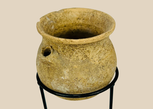 Ancient Roman terracotta vessel with pierced side lug and aged patina, Roman Imperial Period