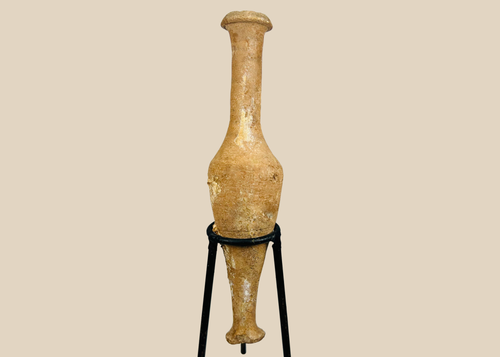 Ancient Roman terracotta unguentarium perfume vessel with elongated spindle body and flared rim
