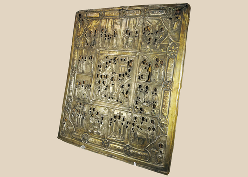 Russian Orthodox icon with metal oklad depicting Resurrection and multiple religious scenes