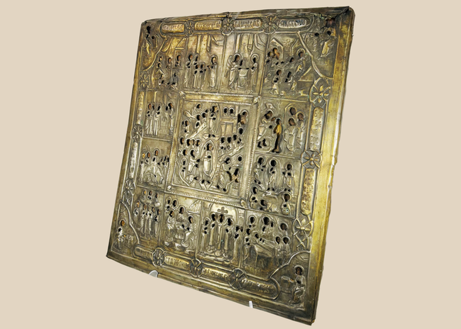 Russian Orthodox icon with metal oklad depicting Resurrection and multiple religious scenes