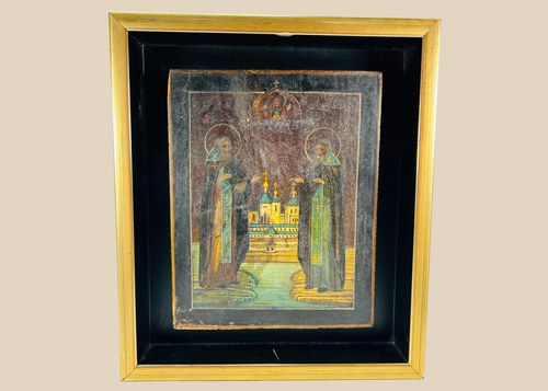 Antique Russian Orthodox icon of Saints Zosima and Savvaty with monastery