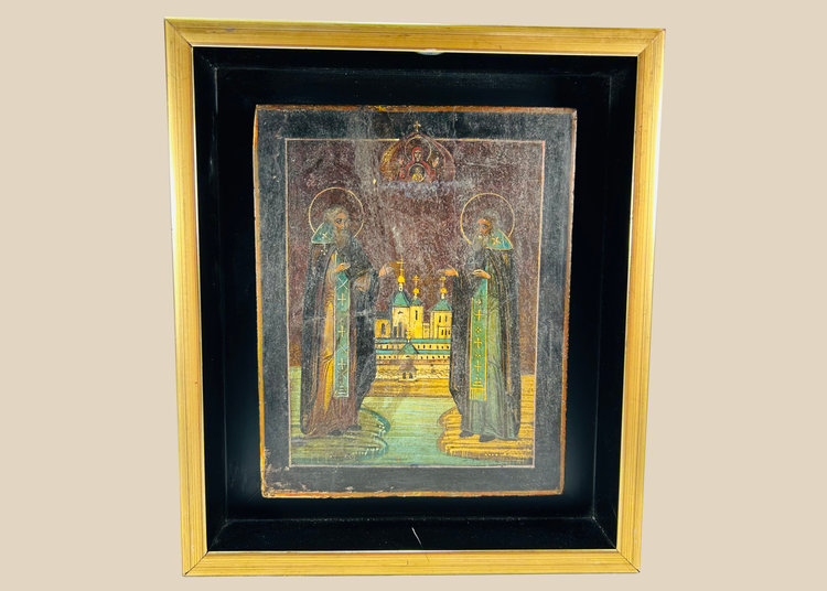 Antique Russian Orthodox icon of Saints Zosima and Savvaty with monastery