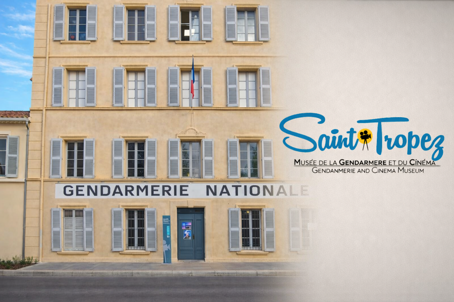 Exterior of the Saint-Tropez Gendarmerie and Cinema Museum in France, historic building with the Gendarmerie Nationale sign and museum logo.