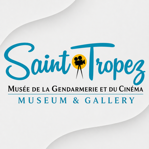 Saint-Tropez Gendarmerie and Cinema Museum logo with teal script lettering and camera icon on a refined light gray background.