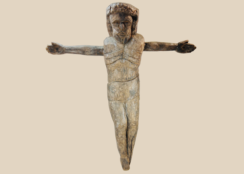 Spanish Colonial carved wooden corpus of Christ with expressive folk art features