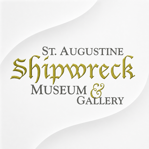 St. Augustine Shipwreck Museum & Gallery logo on a clean light gray background with gold and serif typography.