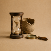 Antique hourglass, pottery fragment, and magnifying glass representing a thoughtful approach to beginning an artifact collection.