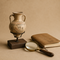 Ancient-style pottery vessel displayed beside a magnifying glass and research notebook, representing a thoughtful start to artifact collecting.