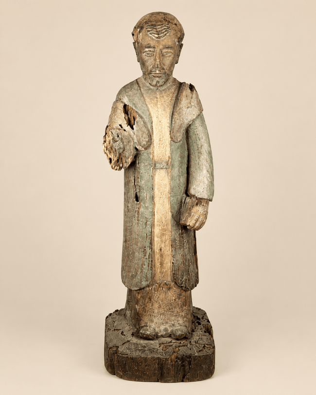 Hand-Carved Spanish Colonial Saint Figure | Aged Polychrome Sculpture | Circa 18th–19th Century