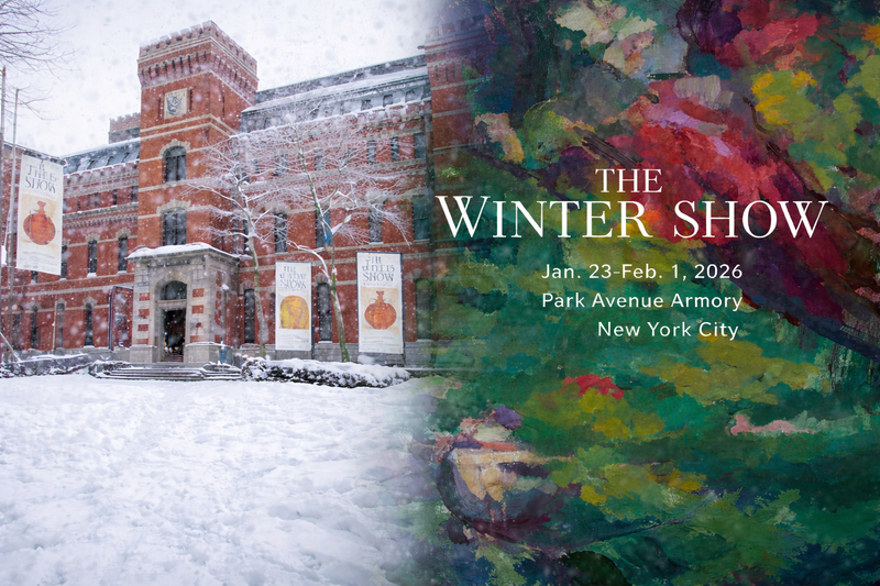 Exterior of the Park Avenue Armory in New York City during snowfall with promotional artwork for The Winter Show 2026.