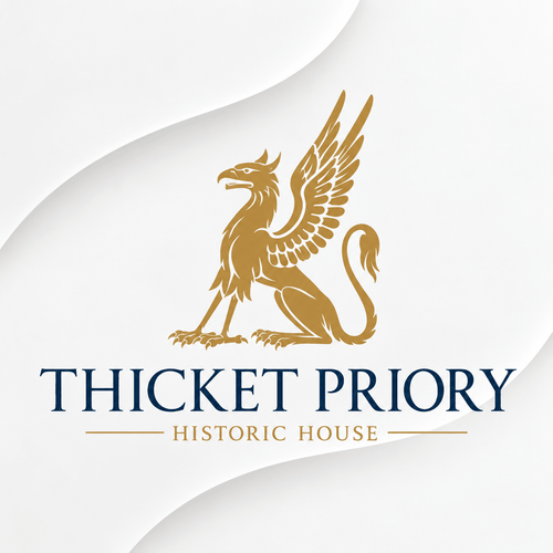 Thicket Priory Historic House in North Yorkshire, England, featuring its gold griffin emblem and navy lettering. Historic property associated with Relic & Rarity's museum and heritage collections.