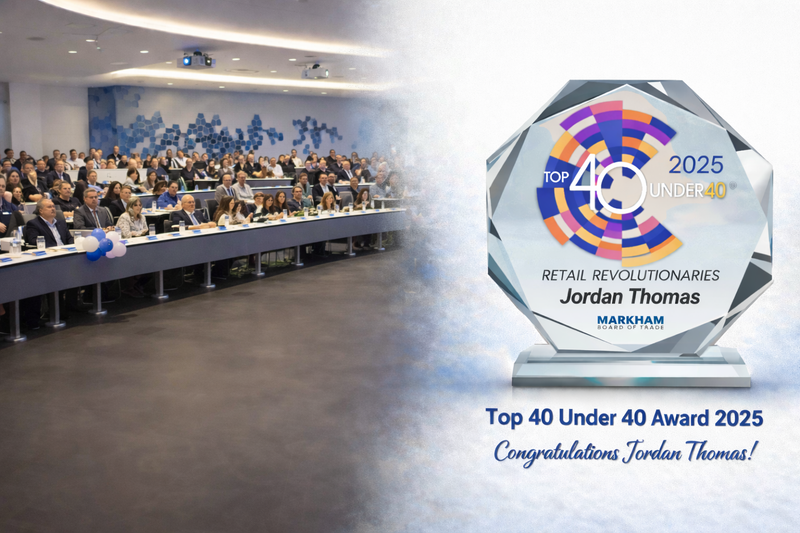 Crystal Top 40 Under 40 award presented to Jordan Thomas by the Markham Board of Trade, displayed beside the audience at the 2025 Top 40 Under 40 awards ceremony.