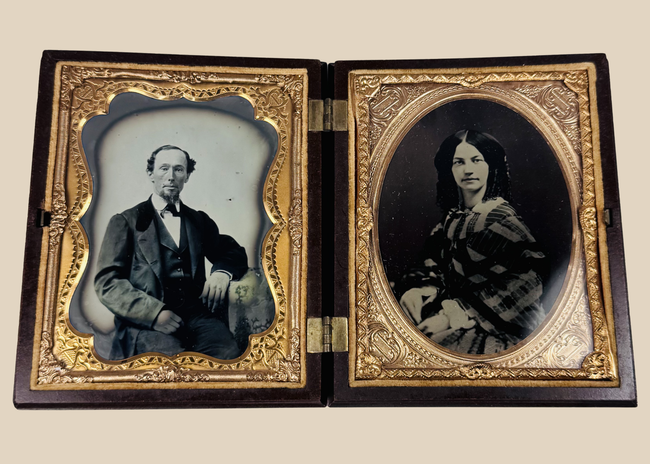Double quarter-plate ambrotype portraits in an ornate thermoplastic union cas