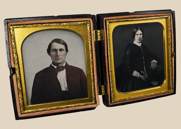 Victorian husband and wife daguerreotype photographs in original Union case, circa 1855–1865