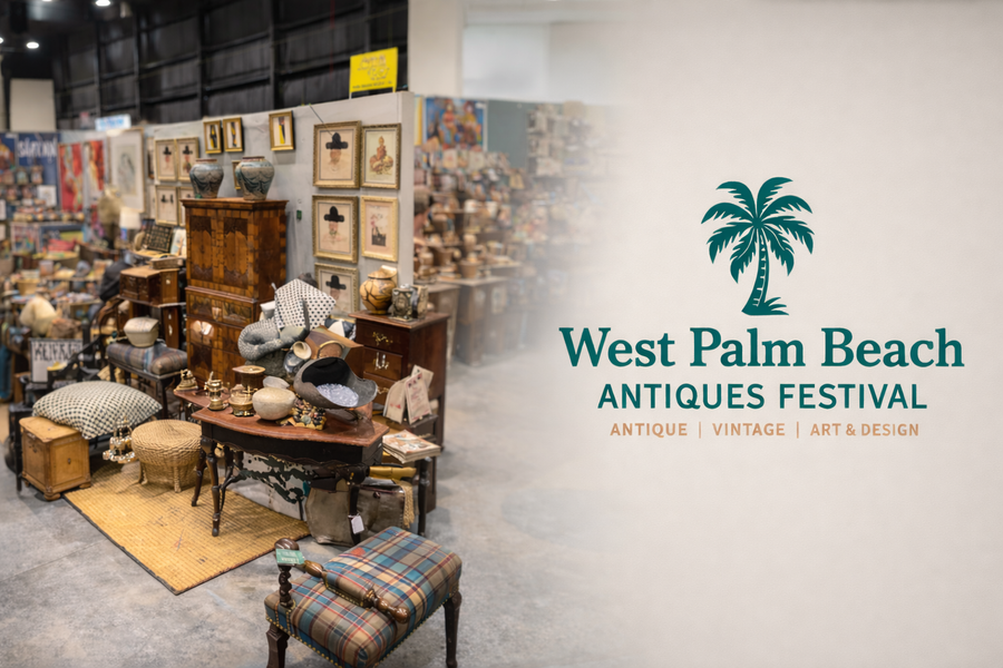 Elegant antique booth display at the West Palm Beach Antiques Festival featuring high-end artifacts including bronze sculptures, porcelain vases, antique furniture, and decorative objects.