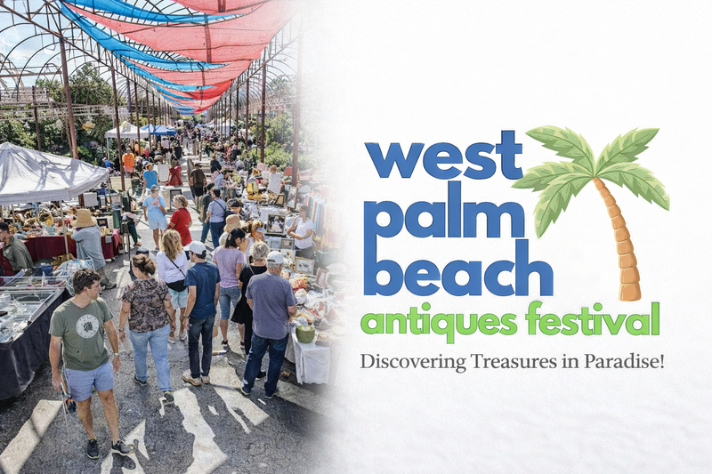 West Palm Beach Antiques Festival market scene with antique artifacts displayed along vendor tables under colorful canopy structures, beside the West Palm Beach Antiques Festival logo and palm tree graphic.