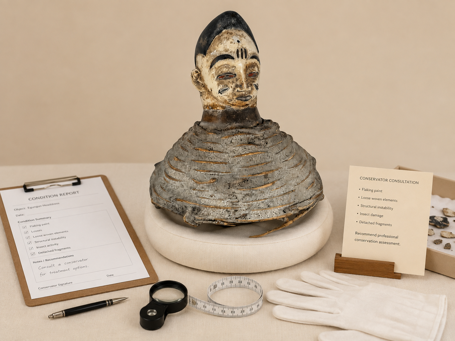 Yoruba Egungun ancestor headdress from Nigeria displayed with a condition report, conservation tools and detached fragments during a professional conservator assessment.
