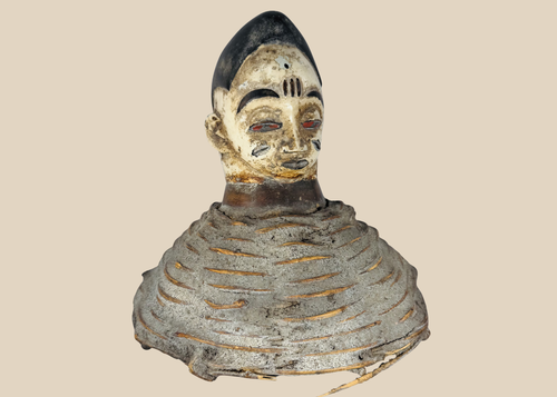 Yoruba Egungun headdress from Nigeria featuring a carved ancestral face with wicker framework and original painted surface.